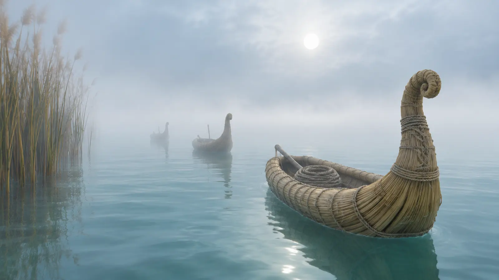 Tiga perahu alang keluar dari kabut danau